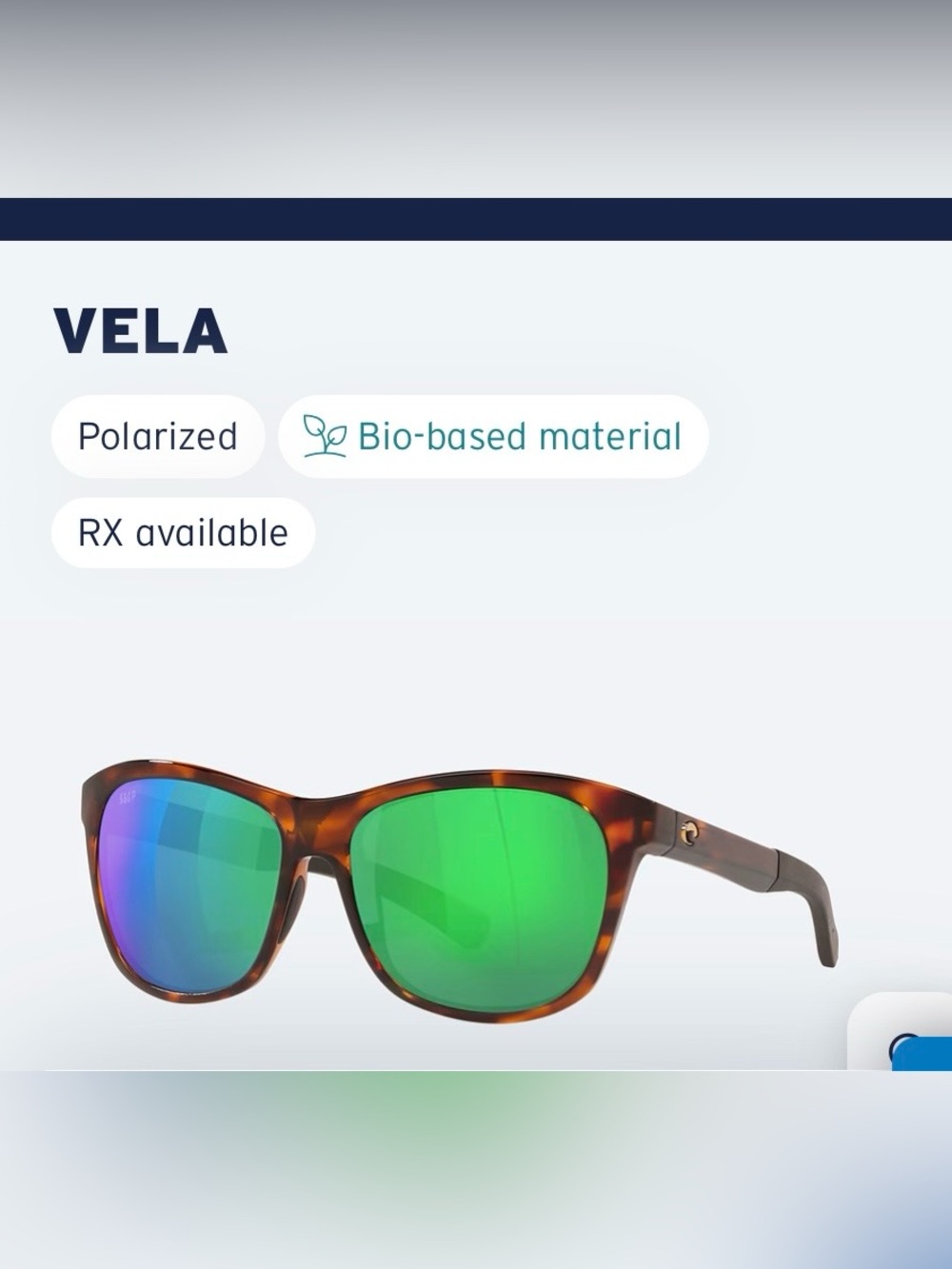 Costa del Mar Vela Tortoise Frame Sunglasses w/Green Mirrored Lenses Polarized